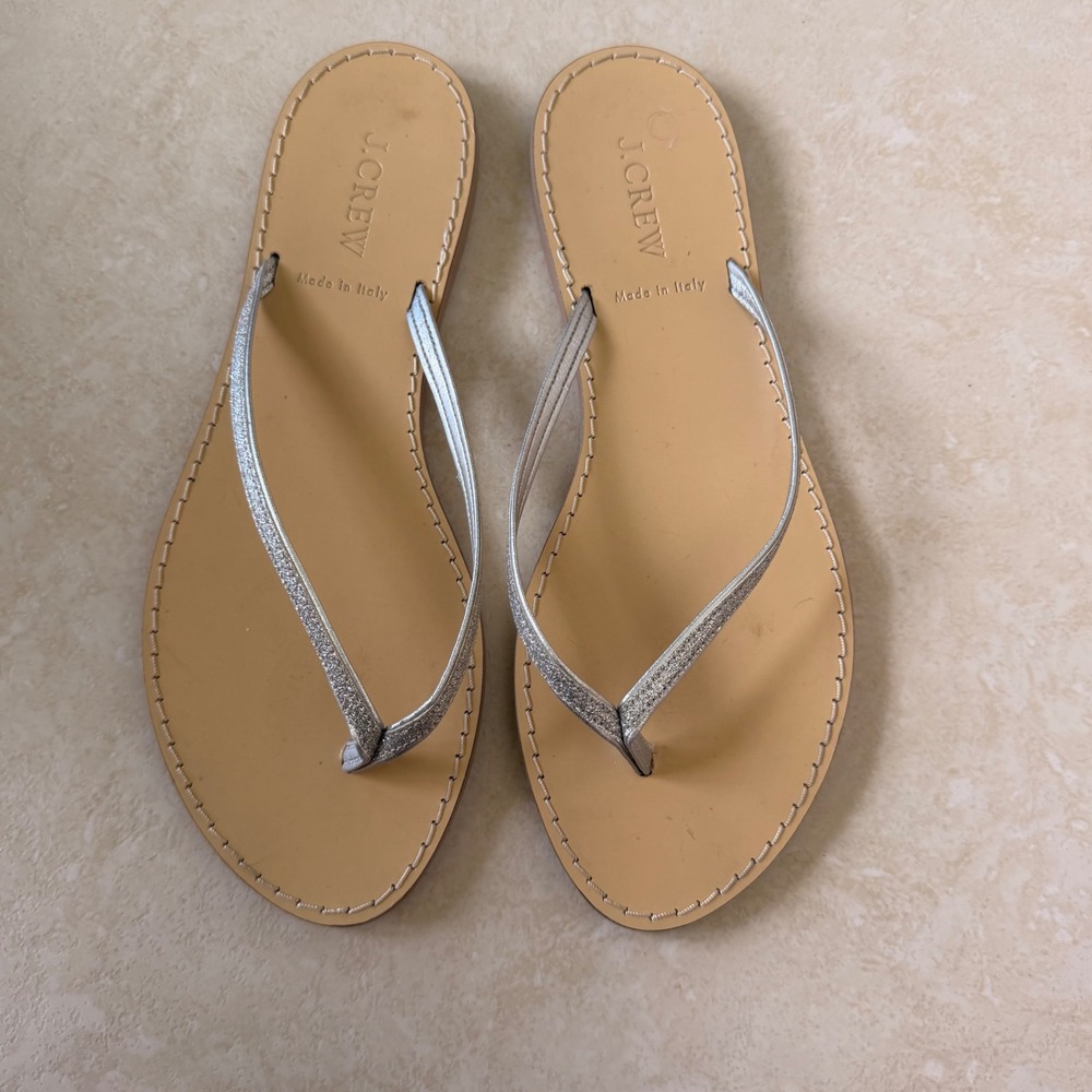J.Crew Womens Silver Metallic Thong Sandals Tan Leather Made in Italy Size 8